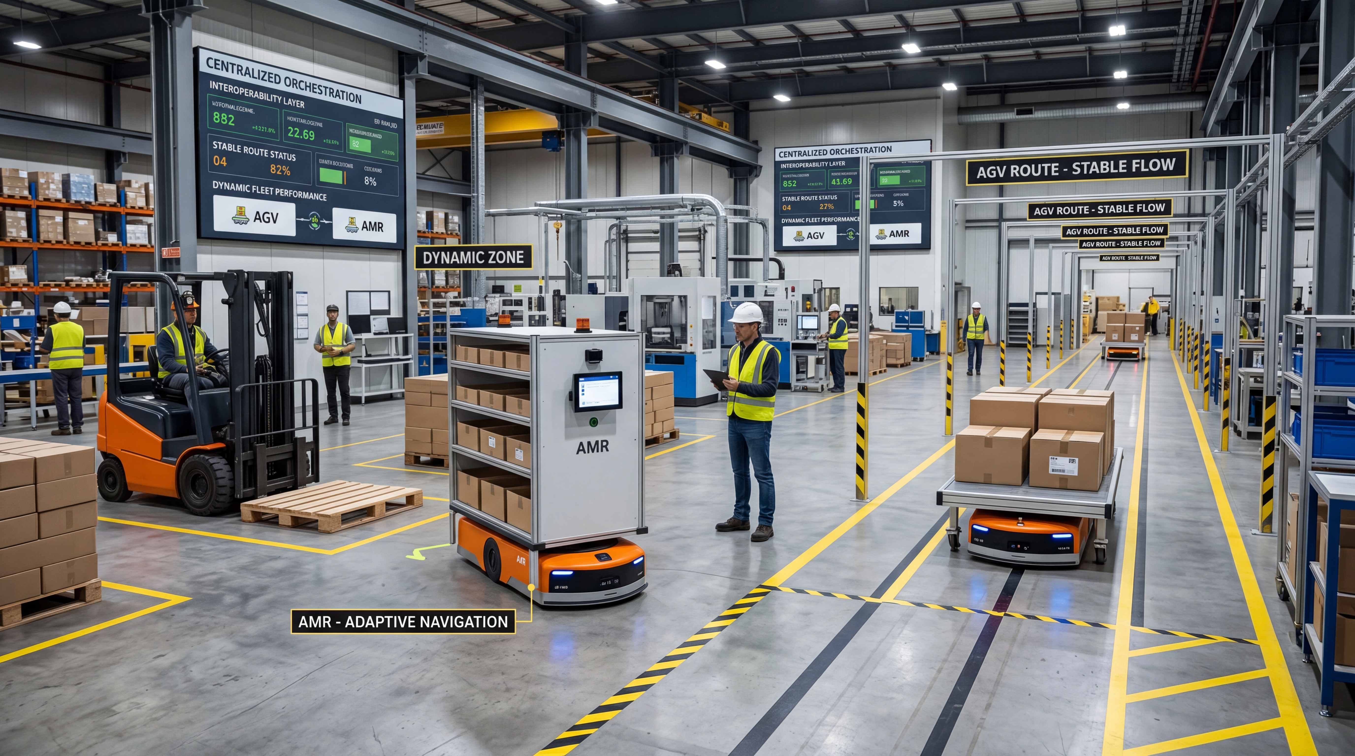 AMR and AGV mobile base systems operating together in a modern factory intralogistics environment
